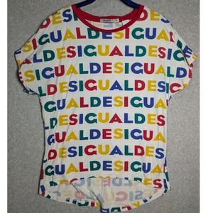 Desigual Small T Shirt Womens Logo Print White Multicolored Streetwear Funky